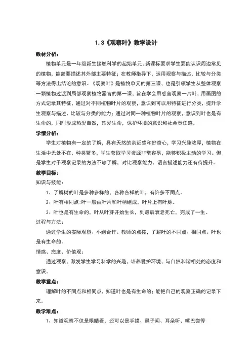 观察叶教案及反思