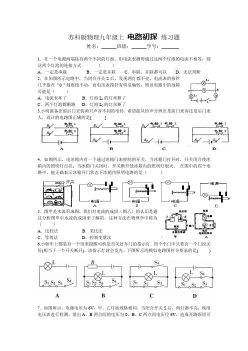 苏科版九年级物理上册物理 电路初探 练习题