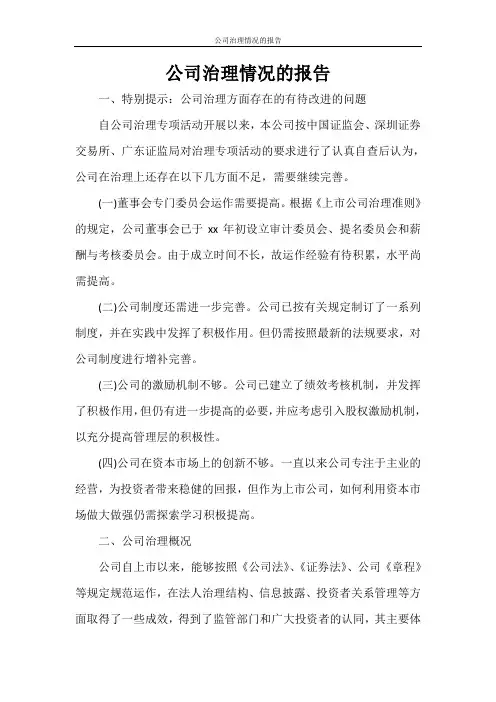 公司治理情况的报告