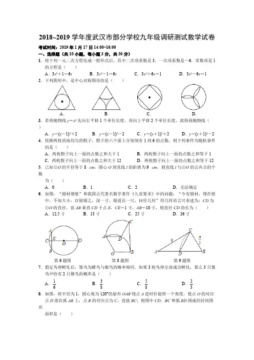 2018~2019学年度武汉市九年级元月调考数学试卷(含标准答案)