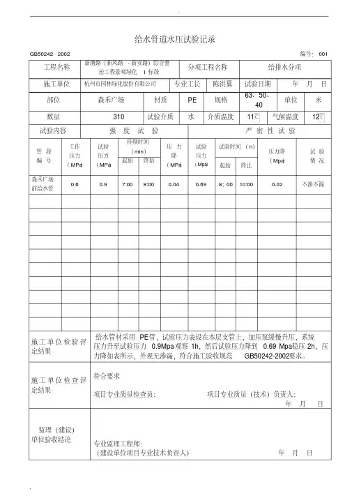 工程室内给水管道水压试验记录