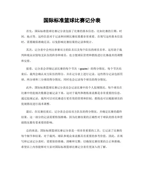 国际标准篮球比赛记分表