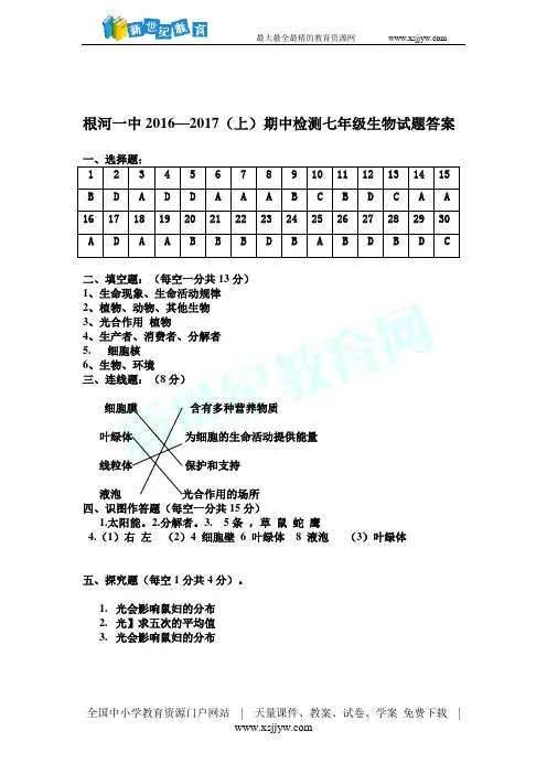 2016-2017学年七年级上期中生物试卷(解析版)