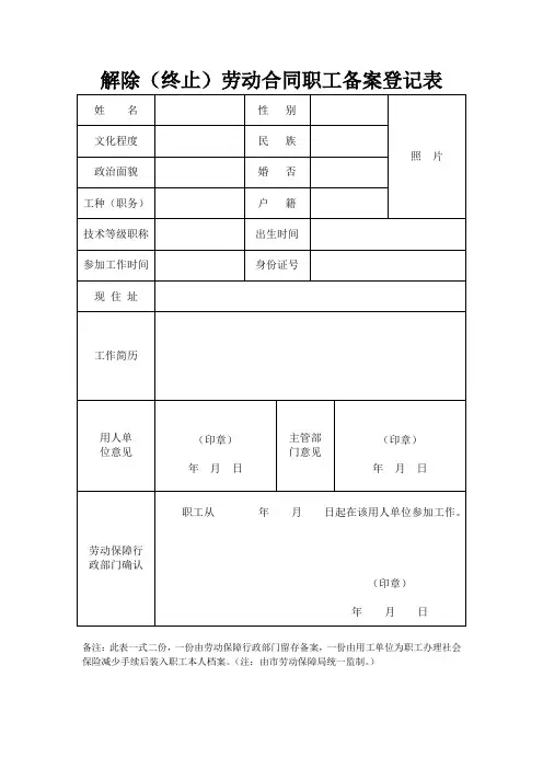 解除(终止)劳动合同职工备案登记表