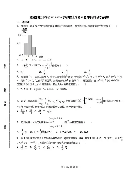 杨浦区第二中学校2018-2019学年高三上学期11月月考数学试卷含答案