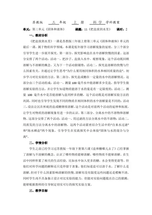 苏教版小学三年级科学上册3.11  把盐放到水里 (教案)