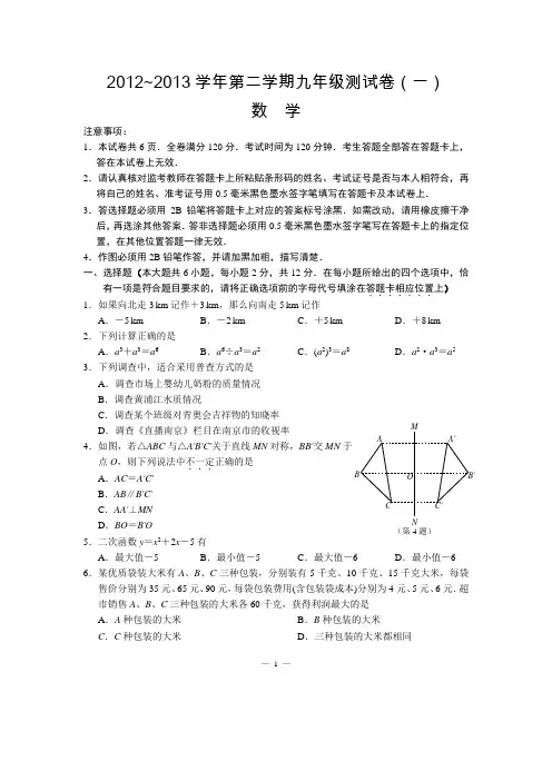 2012-2013学年玄武第二学期九年级测试卷(一)