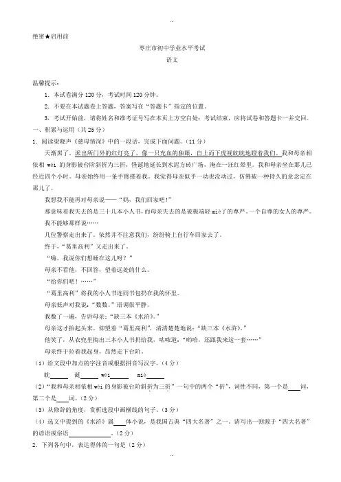 2019-2020学年山东省枣庄市中考语文模拟试题(有标准答案)