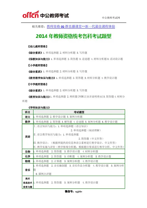 2014年教师资格统考各科考试题型
