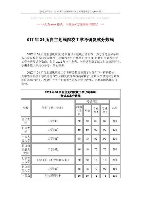 【参考文档】017年34所自主划线院校工学考研复试分数线word版本 (6页)