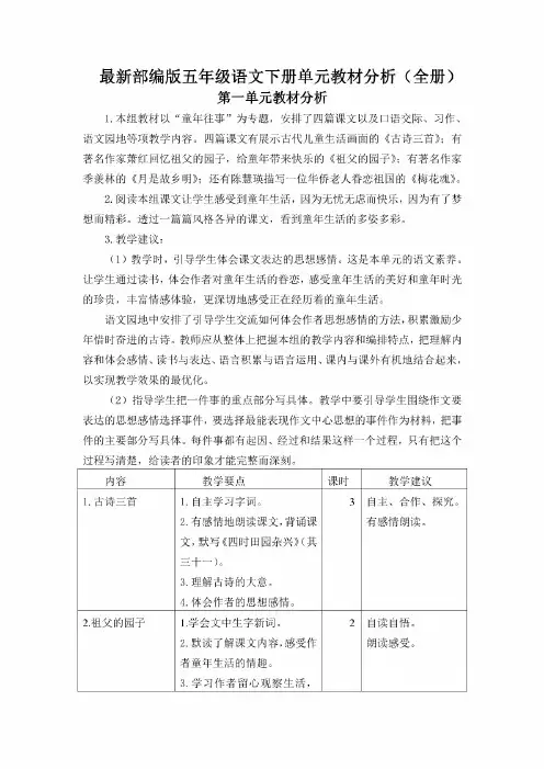 最新部编版五年级语文下册单元教材分析全册1-8单元