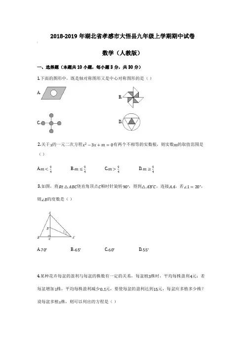 2018-2019年湖北省孝感市大悟县九年级上学期期中试卷 数学(人教版)(含答案)
