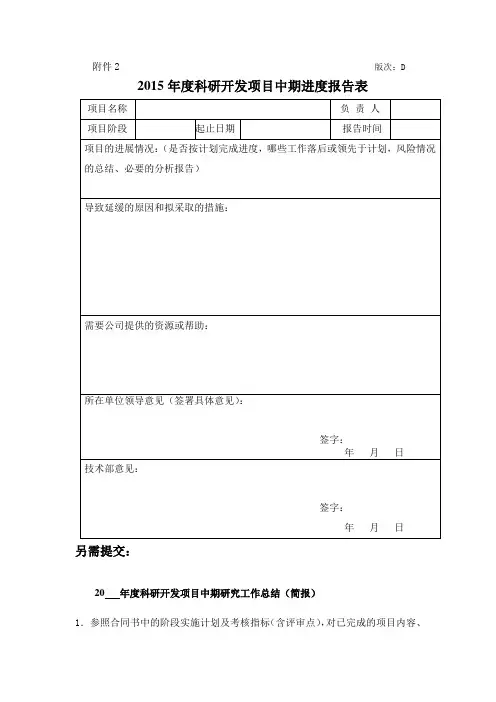 2015年度科研开发项目中期进度报告表