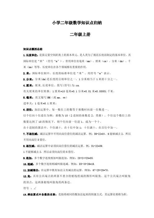 人教版小学二年级数学知识点归纳