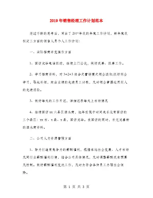 2019年销售经理工作计划范本