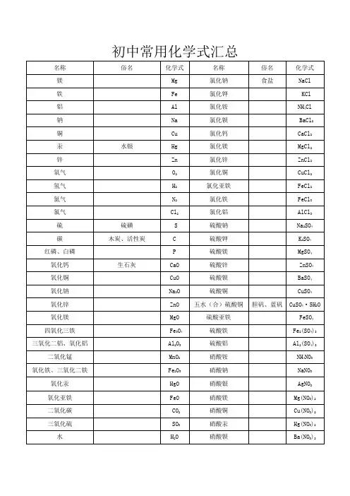 初中常用化学式汇总