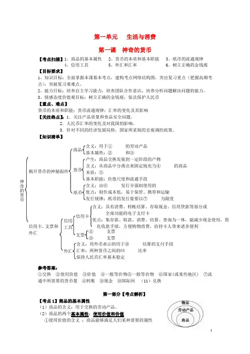 江苏省东台市三仓中学高三政治一轮复习 经济生活 第一课 神奇的货币教学案