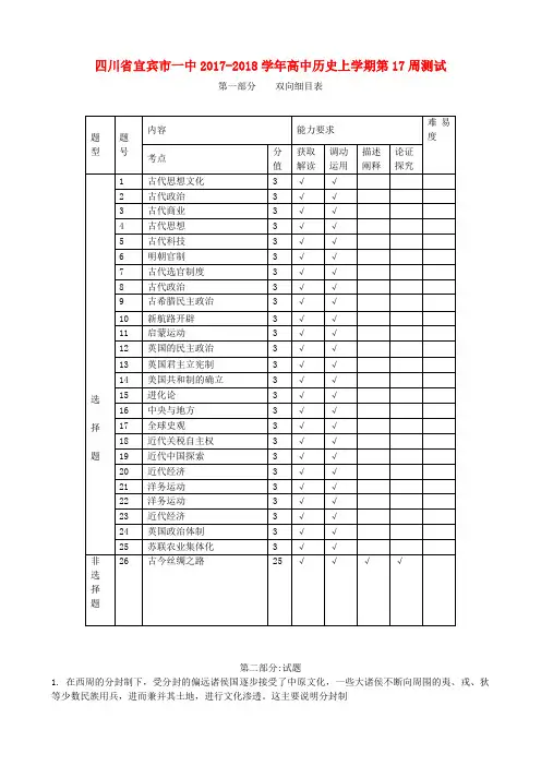 四川省宜宾市一中2017-2018学年高中历史上学期第17周测试