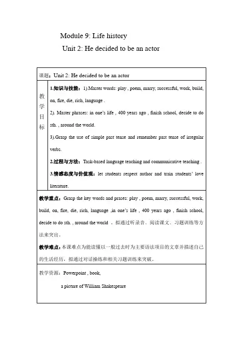 外研版英语七年级下册：module 9 unit 2 he decided to be an actor. 教案