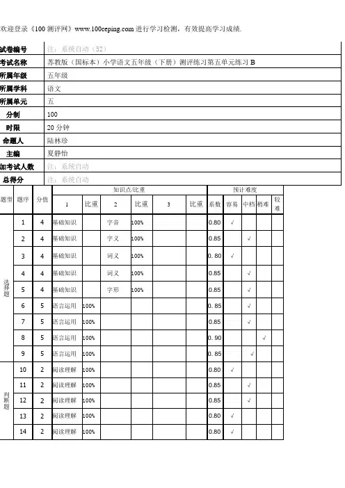100测评网_第五单元 B卷小五语文下学期