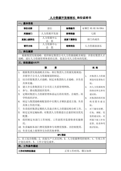 人力资源开发部部长岗位说明书