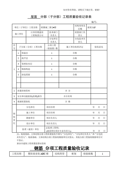 屋面  分部(子分部)工程质量验收记录表.doc