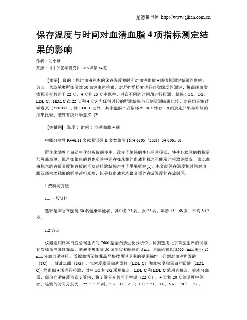 保存温度与时间对血清血脂4项指标测定结果的影响