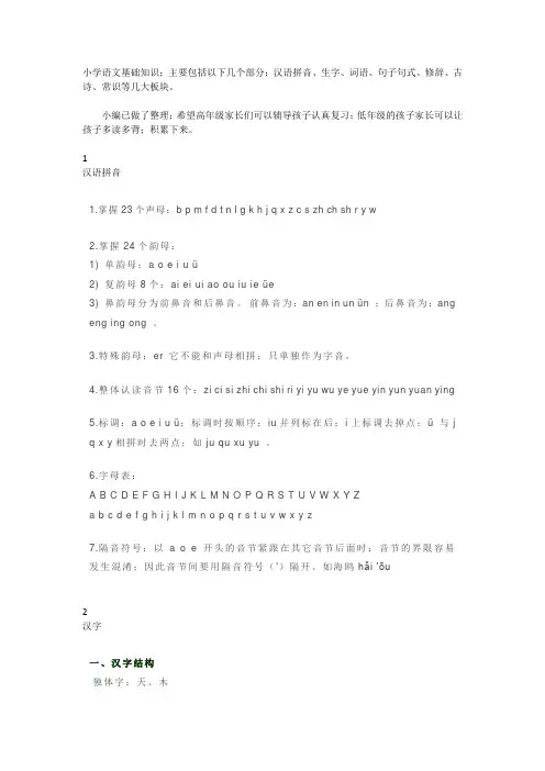【小学语文】小学1-6年级知识点大全字、词、句、修辞、古诗、常识(收藏)