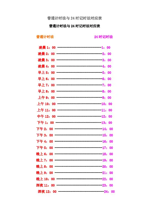 普通计时法与24时记时法对应表