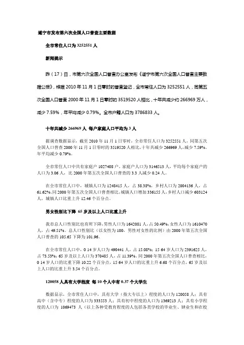 遂宁市第六次全国人口普查主要数据