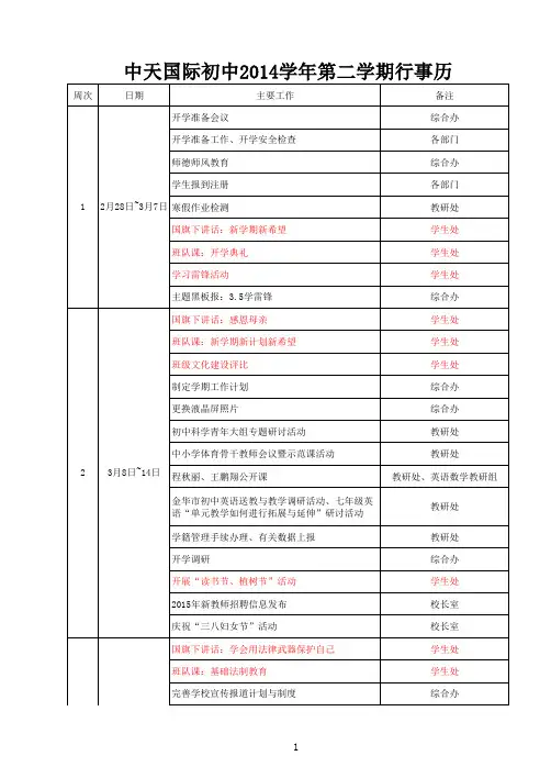 2014学年第二学期行事历表(校用)