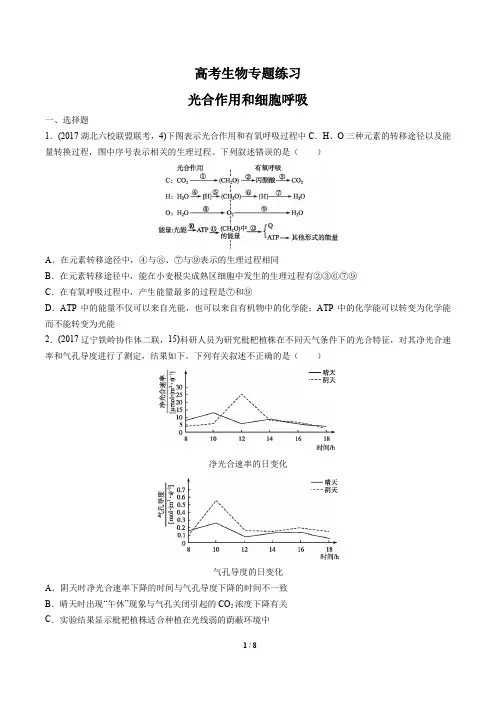 高考生物-光合作用和细胞呼吸-专题练习有答案