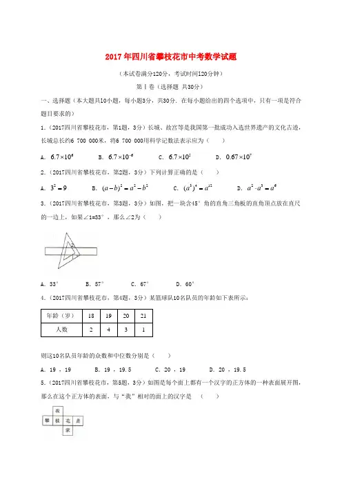 四川省攀枝花市2017年中考数学真题试题(含扫描答案)