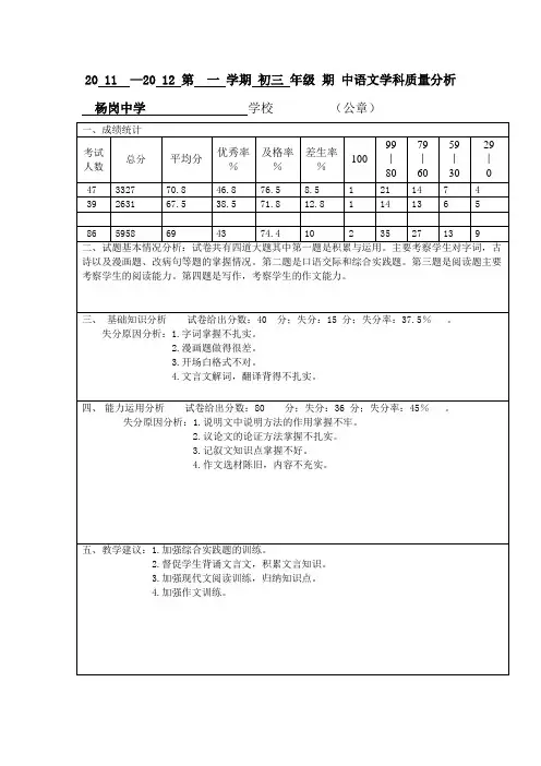 初三语文期中质量分析
