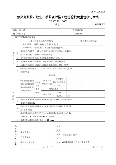 【工程文档】预应力张拉、放张、灌浆及封锚工程检验批质量验收记录表