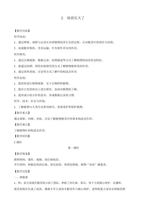 【科学】(新教材)苏教版三年级下册科学教案-2.幼苗长大了.docx