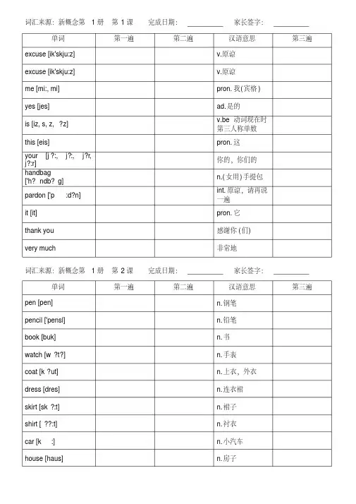 新概念英语第1册单词默写表格1-50