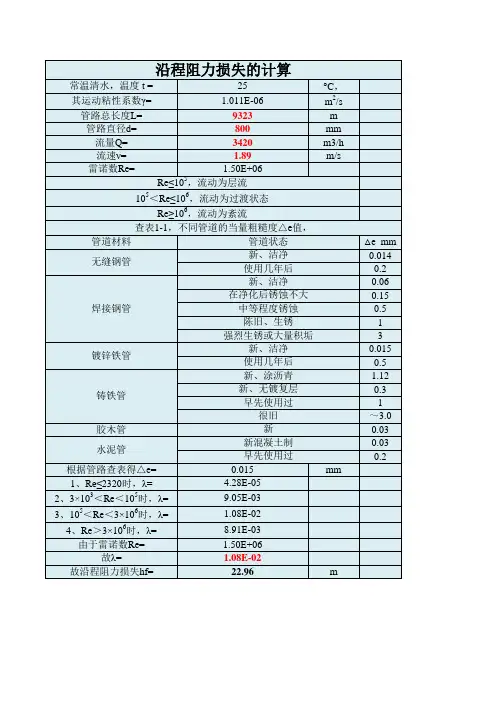 管路沿程水力损失计算