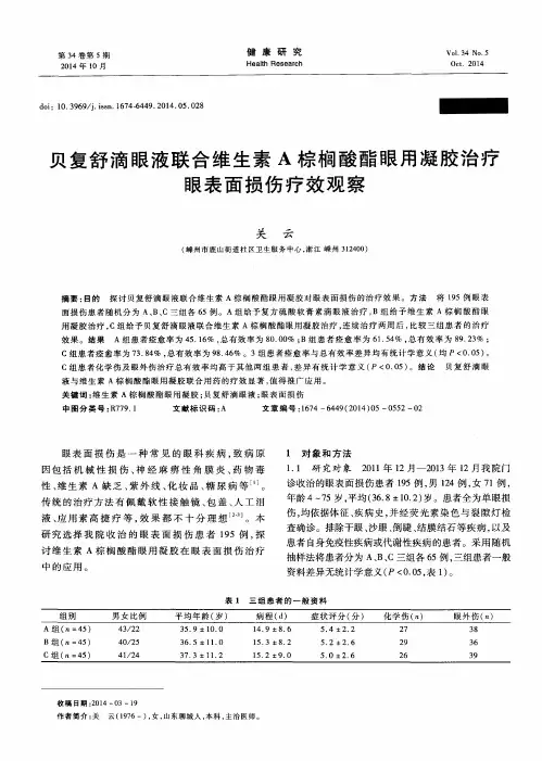 贝复舒滴眼液联合维生素A棕榈酸酯眼用凝胶治疗眼表面损伤疗效观察