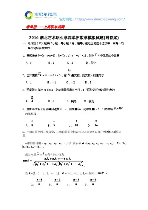 2016湖北艺术职业学院单招数学模拟试题(附答案)
