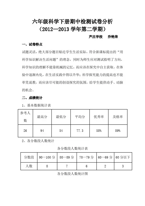 六年级科学下册期中检测试卷分析