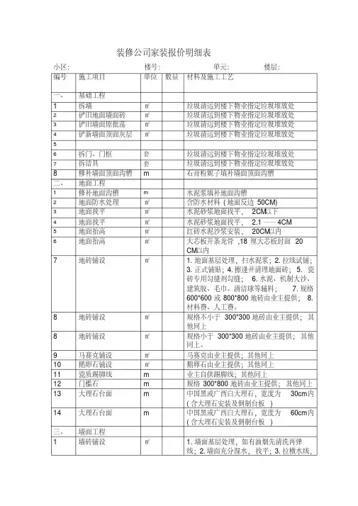(完整版)家庭装修工程项目内容明细表OK