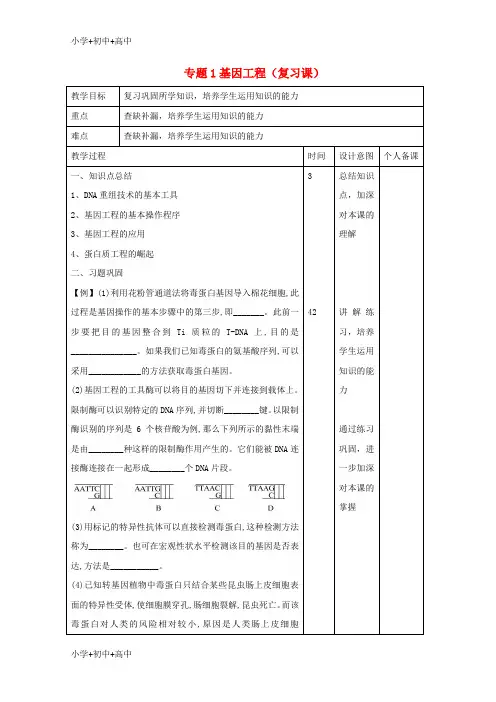 高中生物专题1基因工程(复习课)教案新人教版选修3