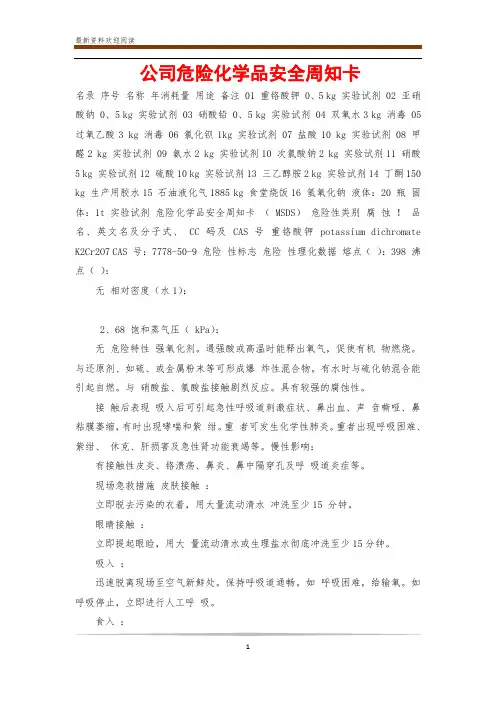 公司危险化学品安全周知卡