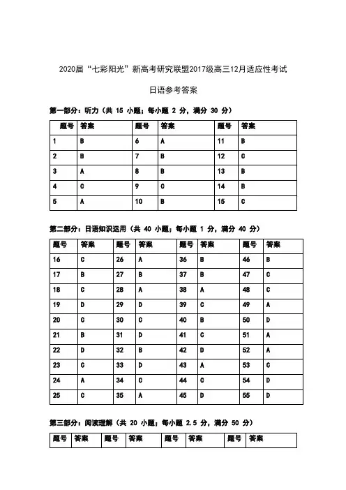2019年12月2020届浙江省“七彩阳光”新高考研究联盟2017级高三12月适应性考试日语参考答案