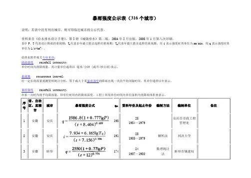暴雨强度公式表.