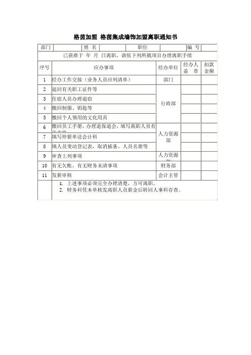 格茵加盟 格茵集成墙饰加盟离职通知书