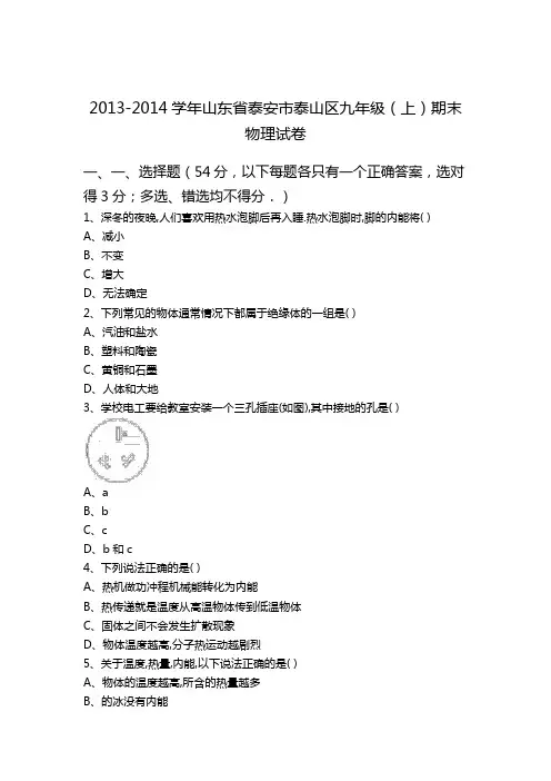 2013-2014学年山东省泰安市泰山区九年级(上)期末物理试卷
