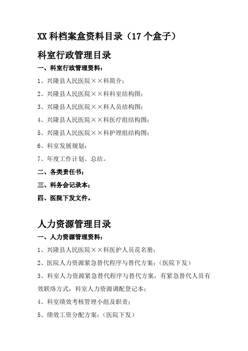 科室档案盒资料目录