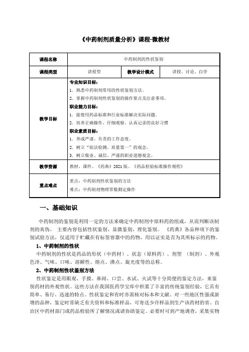 中药制药技术 教案-中药制剂的性状鉴别